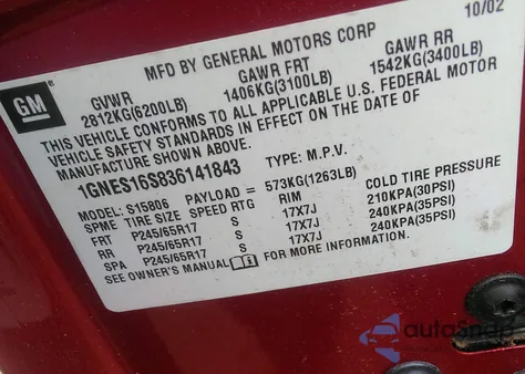 2003 Chevrolet Trailblazer Ext z USA, uszkodzony, nr VIN 1GNES16S836141843